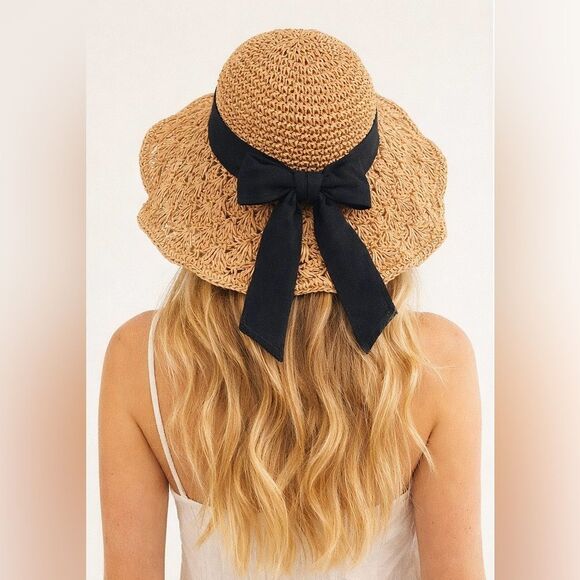 Straw Crochet Sun Hat w/ Removable Black Ribbon Vacation Beach Preppy Cottage main image 5